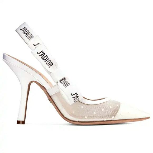 Dior Jadior White Plumetis Polka Crystal Ribbon Slingback Sandal Heel Pump 42 - Picture 1 of 12